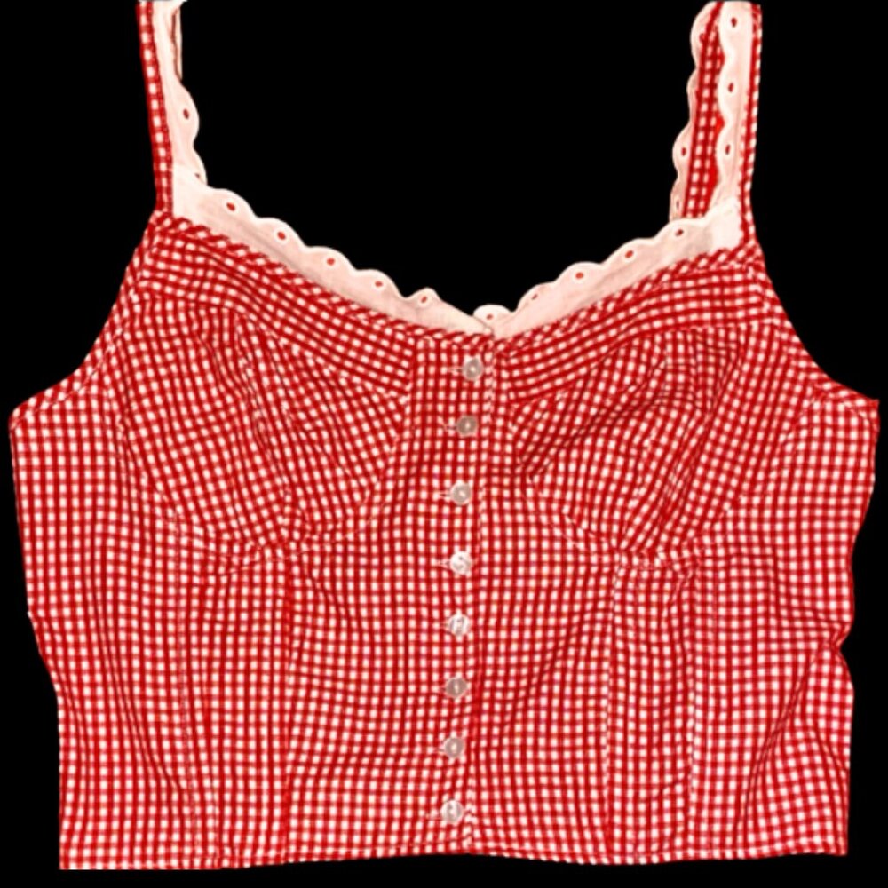Sim & Sam Gingham Crop Top Red White Size XL Smocked Back Eyelet Trim Juniors